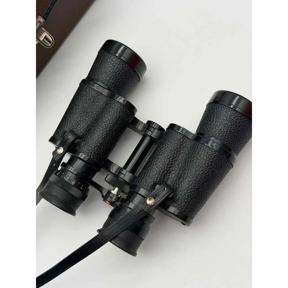 Vintage Black‎ Binoculars with Brown Faux Leather Hard Carrying Case Retro Gear